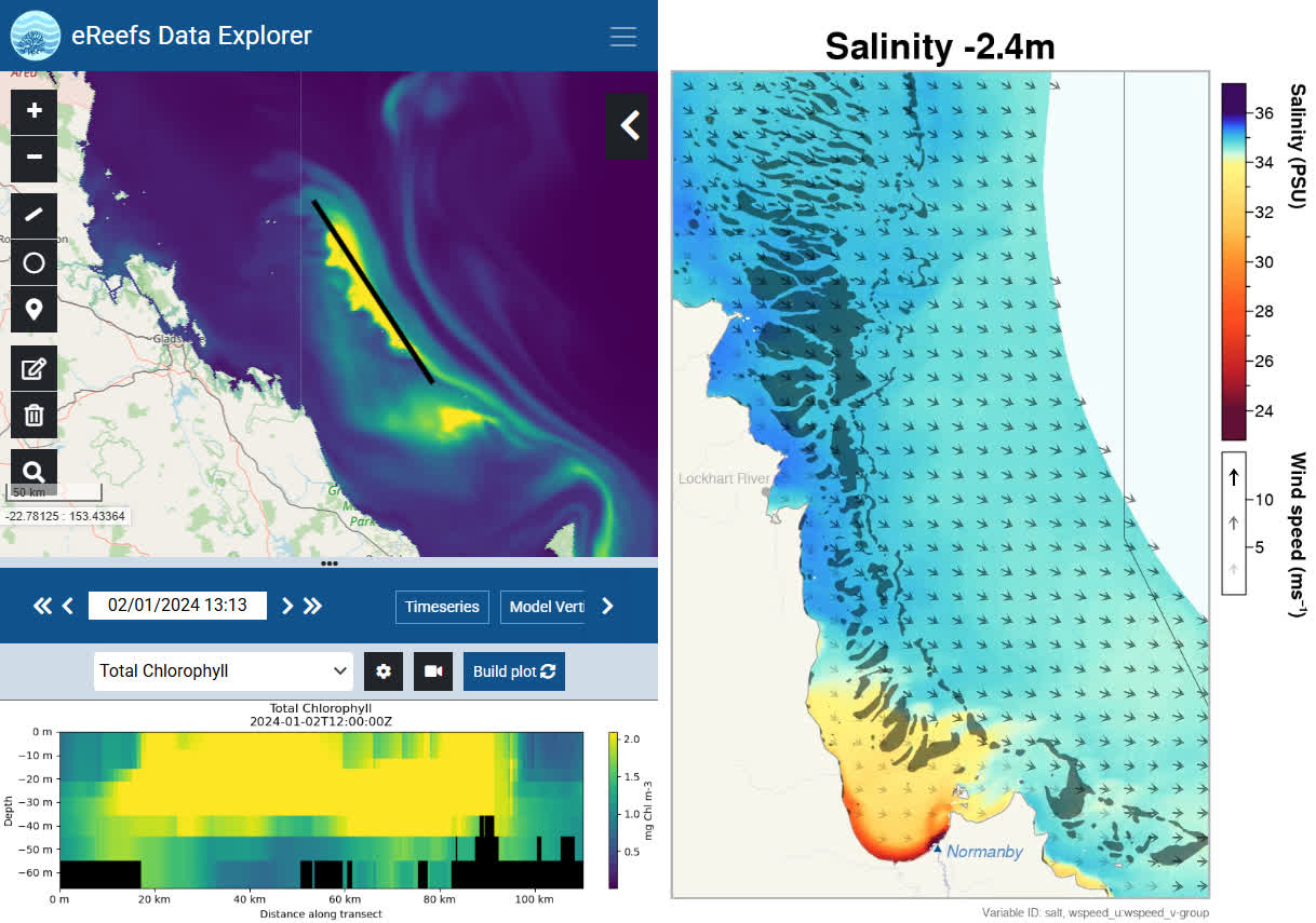 Left side - ereefs data explorer fitzroy river. Right side - ereefs visualisations princess charlotte bay.